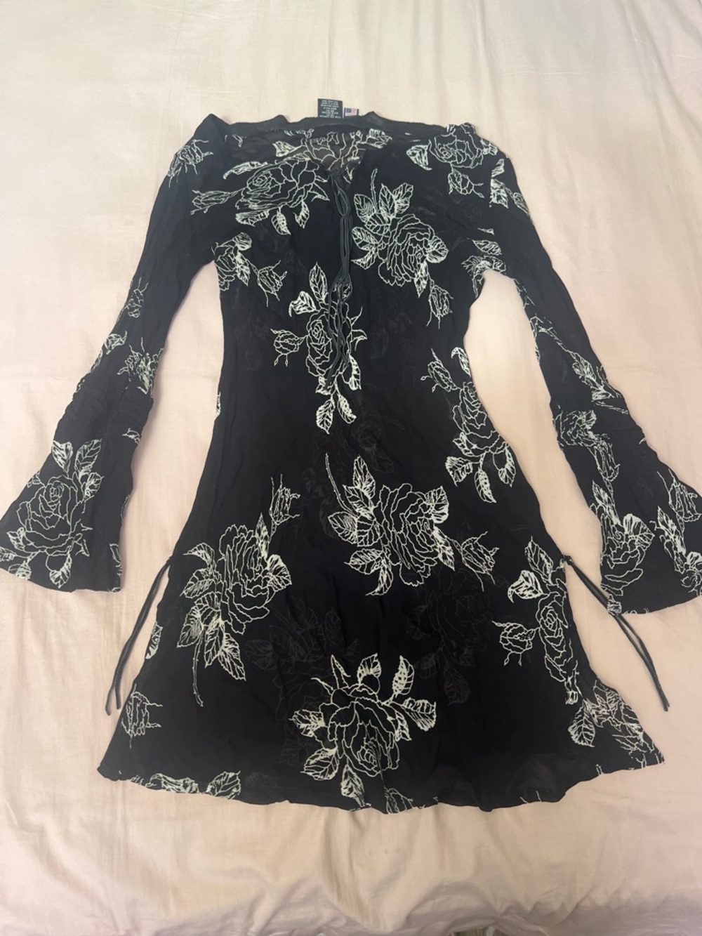 Rampage Black Sheer Dress with White Floral Print and Tie Waist